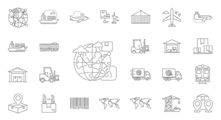 Collection of Line Art Logistics and Transportation Icons, Global Shipping Concepts.