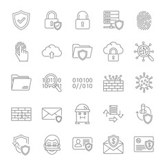 Collection of Line Art Security Icons Depicting Digital Protection and Safety.