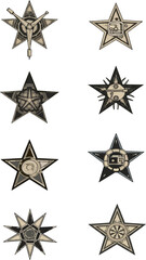 A set of stars, stars collection, star vector icons vector art of a collection of eight unique starshaped emblems, each with intricate designs and symbolic imagery, isolated on a