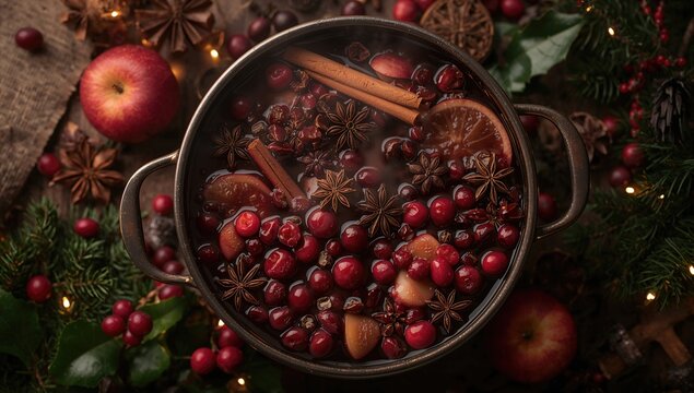 Spiced warm wine garnished with fruit, viewed from above