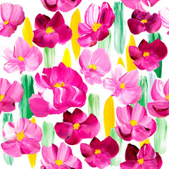 Seamless pattern of abstract pink flowers, original hand drawn, impressionism style, color texture, brush strokes of paint, art background