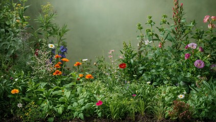 Tiny herbs thrive widely against a natural backdrop of flowers and greenery