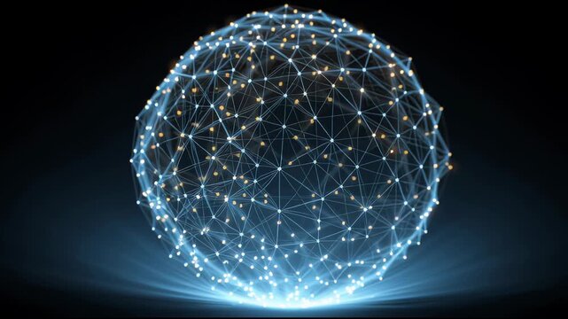 Digital Network Sphere: Illuminated sphere formed by interconnected dots, symbolizes global networks, data flow, and technological innovation. 