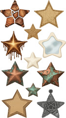 A set of stars, stars collection, star vector icons vector art of assortment of rustic and textured stars, featuring natural materials like wood, stone, metal, and fabric, isolated on a