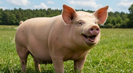 A content pig in a vibrant green field, smiling for the camera. A cheerful farm animal