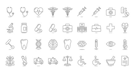 Collection of Medical Icons in Linear Style Representing Healthcare and Medicine.