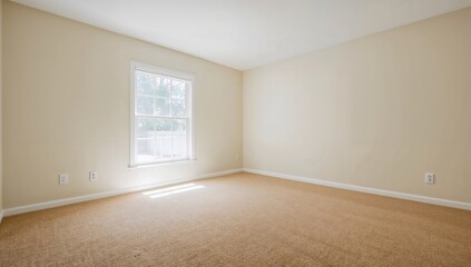 Spacious vacant area featuring a single window, light brown carpeting, and off-white walls