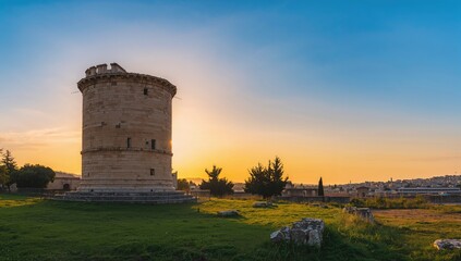 Ancient marble structure surrounded by lush grass under a vibrant summer sky