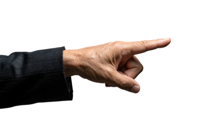 A hand in a dark suit points to the right against a black background, isolated and cropped