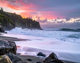 A coastal vista at sunset featuring crashing waves, a rocky beach, and dramatic pink skies