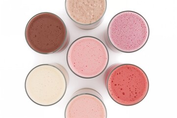 Fototapeta premium Assorted flavored protein beverages served in clear glasses from above, isolated on white background
