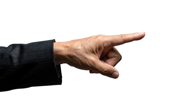 A hand in a dark suit points to the right against a black background, isolated and cropped
