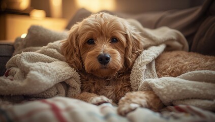 Adorable dog unwinds in a snug indoor setting with plush blankets, gentle illumination, and an atmosphere filled with warmth and affection