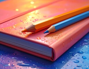 Colorful pencils rest upon a notebook with droplets, illuminated by vibrant hues