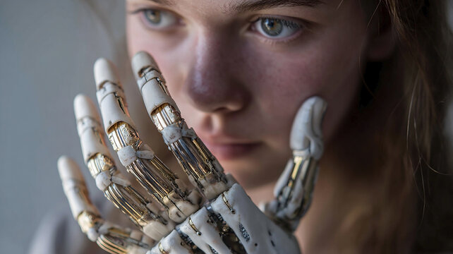 Girl with one real hand and one prosthesis, close-up of hands. Focus on hands of girl with disability. Two hands of woman with bionic hand, artificial limb prosthesis. Loss of limb by a person