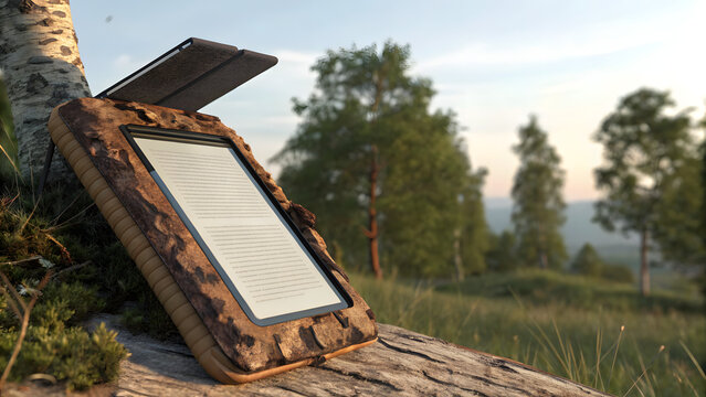 Bark-Wrapped E-Reader with Solar Page Turner – Off-Grid Literary Device