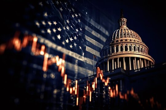 Us capitol building with american flag and economic recession data - Powered by Adobe