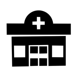 Fototapeta premium A black silhouette icon of a hospital or clinic building with a cross symbol on the roof, representing medical facilities, healthcare services, emergency care, treatment, and public health.