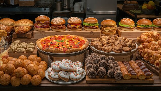 Assorted baked treats including hot dogs, burgers, donuts, pizza, croissants, and pastries