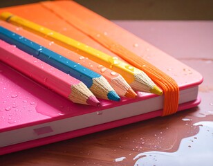 Colorful pencils atop a notebook, with water droplets, creating a vibrant, artistic composition
