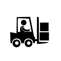 Black silhouette icon of a forklift with an operator lifting cargo, symbolizing warehousing, logistics, material handling, shipping, industrial work, inventory, and supply chain operations.