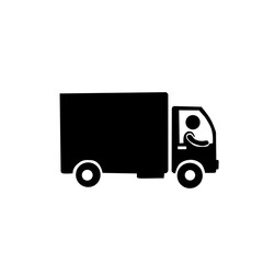 Black silhouette icon of a delivery or moving truck with a driver inside, symbolizing logistics, shipping, transportation, freight, courier services, e-commerce, and fast delivery.