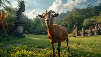 Billy goat standing patiently in lush garden surroundings
