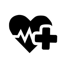 A medical icon featuring a heart with an EKG line and a cross symbol, representing health insurance, first aid, medical services, heart health, life support, and overall wellness care.