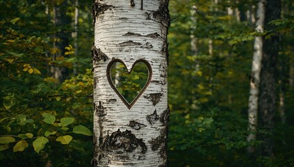 Birch tree bark carved into a heart design