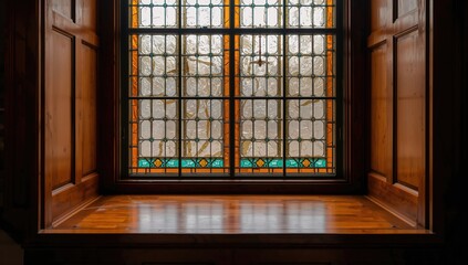 The large stained glass window can be seen up close from the window ledge.