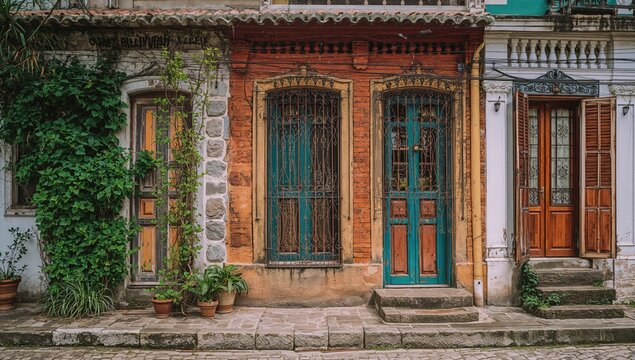 Windows of historic colonial homes showcasing Portuguese design