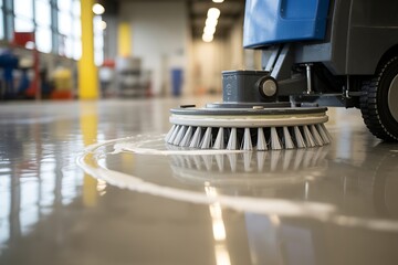 Industrial floor cleaning machine with rotating brushes scrubbing a wet reflective concrete floor in a large warehouse or factory setting