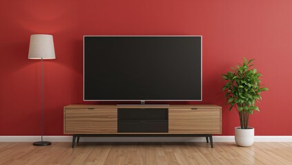 Contemporary lounge area featuring a television on a stand, illuminated by a lamp, with greenery by a crimson backdrop