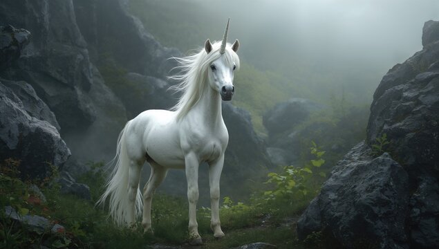 White mystical unicorn standing among stones