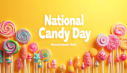 National Candy Day: Bright yellow background with an array of colorful lollipops and candy sticks, announcing “National Candy Day” in playful white, HD and 4k image