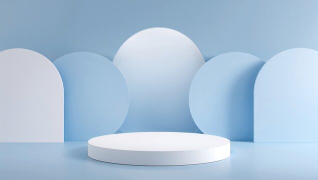 Abstract studio area featuring a podium with a white and light blue platform, set against a backdrop of overlapping circles. A modern, minimalist environment ideal for showcasing beauty products.