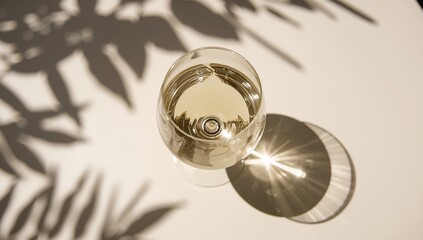 Overhead perspective of a white wine glass casting leaf-shaped shadows and light reflections in the sun, beige monochrome summer drink setting, artistic shot of wine goblet design