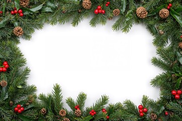 Festive green border adorned with pine cones and holly berries on a white backdrop
