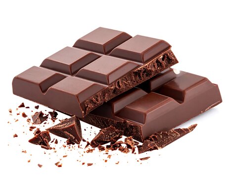 A close-up studio shot of a segmented dark chocolate bar with some broken pieces