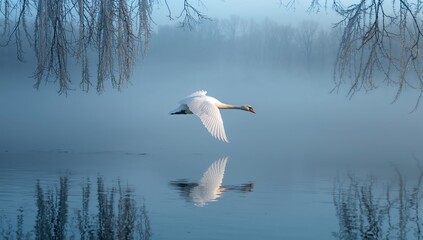 A lone swan soaring above a misty lake with its reflection shimmering post-snowstorm amid hanging branches.