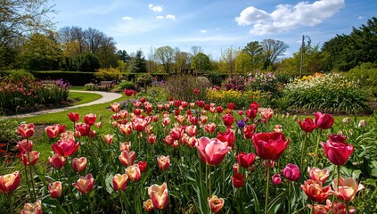 Spring garden filled with blooming tulip flowers