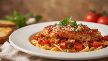 Fototapeta premium Close-up of Chicken Pasta with Bruschetta Topping Served on a Dish, Side Angle