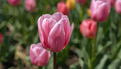 Fototapeta premium Vibrant pink tulips flourishing in a lush garden setting with green foliage.