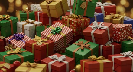 Colorful pile of various wrapped boxes with bows, some festive patterns. Bokeh background