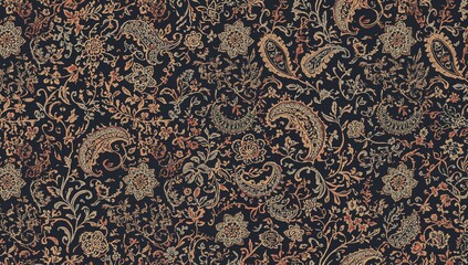 Seamless dark paisley design with floral folk motifs. Textile and wallpaper pattern featuring symmetrical floral elements.