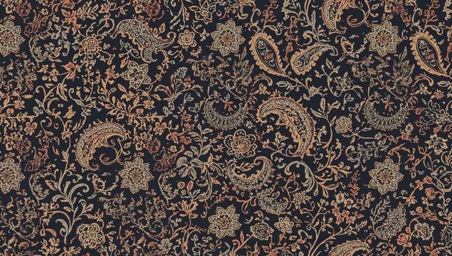 Seamless dark paisley design with floral folk motifs. Textile and wallpaper pattern featuring symmetrical floral elements. - Powered by Adobe