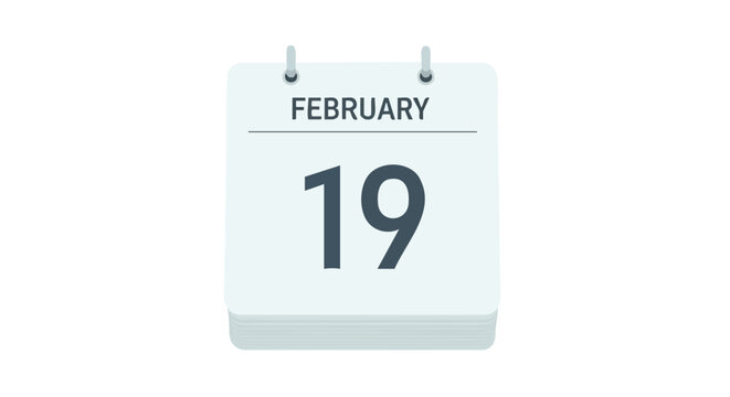 February 19th calendar depiction, a simple flat design for date keeping concept, on white background, reminder schedule and time management tool
