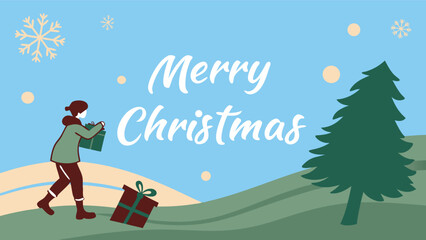 Joyful person carrying gifts through a winter wonderland forest wishing Merry Christmas with festive snowflakes and pine tree