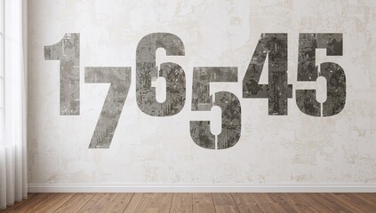 Abstract textured wall with six numbers, vintage design in white room