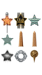 A set of stars, stars collection, star vector icons vector art of compilation of nine distinct starthemed elements, including neon signs, obelisks, abstract forms, and decorative pins